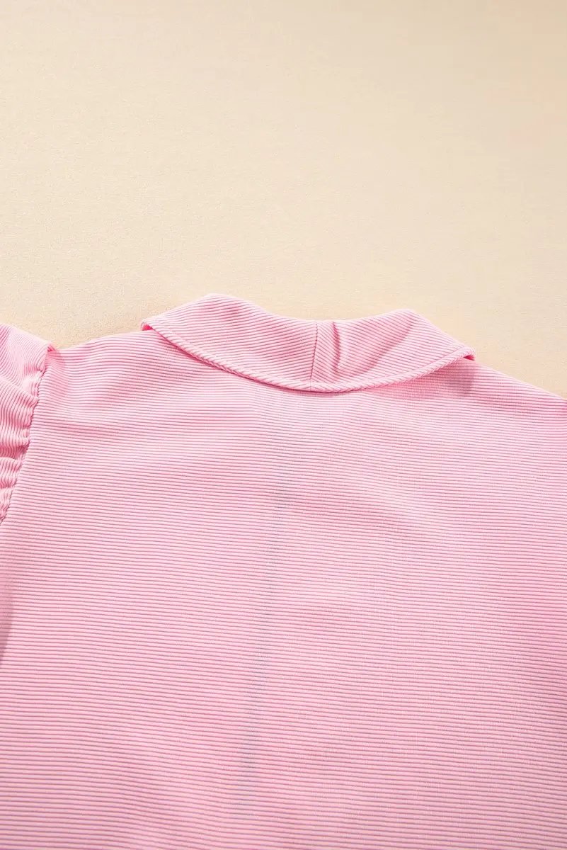 Pink Textured Ruffled Sleeve Zipped Top and Wide Leg Pants Set - Love Salve